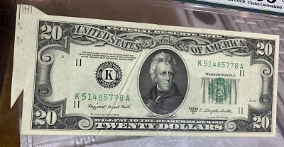 1950 C $20 PMG 63 EPQ, Offset, BUTTERFLY & GUTTER FOLD ERROS, US BANKNOTE - Image 1 of 4