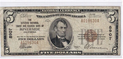 $5 1929 T1 National RIVERSIDE California CA Tougher to Find & Very Sought After! - Image 1 of 2