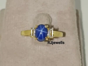 Anello oro giallo 14 kt stella blu zaffiro coltivato in laboratorio 6 raggi stella blu gemma anello - Foto 1 di 10