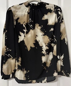 Melloday Long Sleeve Blouse Black Tan Beige Print size 1X - Picture 1 of 9