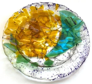 Fused Art Glass Dish Plate Iridescent Green Gold Artist Signed 9.5" - Picture 1 of 4