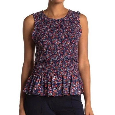 Blusa Top Parker Rashida Mezcla Seda M Floral Calado Peplum Sin Mangas Cerradura Foto 1 de 4