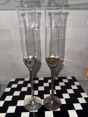 Par de Vera Wang Prata Love Knots Brindar Flautas de Champanhe Impressionante - Imagem 1 de 4