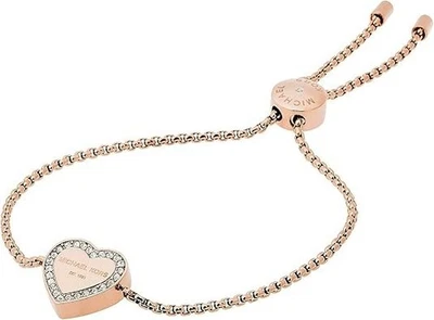 Michael Kors Brand Rose Gold Logo Pave Heart Charm Sliding Bracelet New $100 - Image 1 of 2