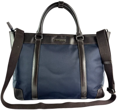 Bolso Mensajero BURBERRY Etiqueta Negra Azul Marino Nylon Cuero Marrón Autenticado Foto 1 de 4