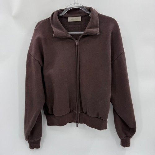 Felpa donna FEAR OF GOD ESSENTIALS full zip con cappuccio taglia M marrone pile pesante crop boxy
