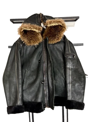 Vintage Sheepskin B-3 Japanese Yohji Style Hooded Leather Fur Jacket 90s Y2K - Image 1 of 4