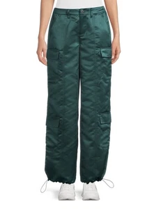 Madden NYC Satin Cargo Pants Junebug Emerald Green Oversized Trendy Women Small - Picture 1 of 16