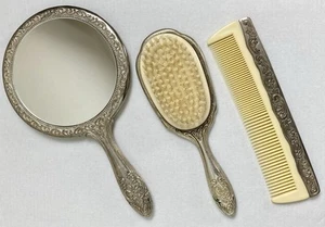 VTG Silver Plate Repousse 3 Piece Vanity Set - Mirror Brush Comb - Picture 1 of 10
