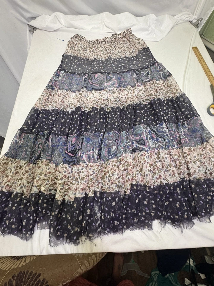 Maxi Falda Solitaria en Niveles Azul Rosa Talla S Paisley Gasa Forrada Cottage Boho Foto 1 de 4