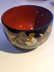 Kansai Urushi Black Lacquer beautful motif set 5 Bowls and Chopsticks NIB - Picture 1 of 5