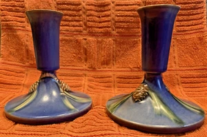 RARE! 2 Vintage Roseville Pinecone 1099 Candlestick Holders 5" Blue-tone c.1935 - Picture 1 of 8