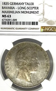 German States Bavaria 1835 Taler Coin Thaler NGC MS 63 F.STG/STG UNC MAXIMILIAN - Picture 1 of 3