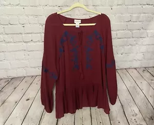Liz Claiborne Women's Large Burgundy Blue Stitch Peasant Blouse Top EUC - Picture 1 of 7
