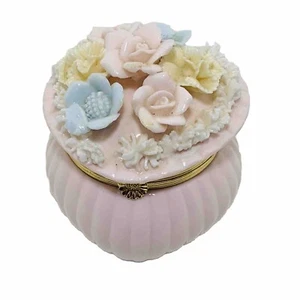 ARNART CREATIONS Heart Trinket Box Pink Floral Porcelain Gold Tone Hinge - Picture 1 of 10