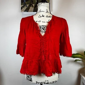 Blusa Madewell Peplum Top Pom Ribete Abotonada Rojo Bohemio XXS - Imagen 1 de 6