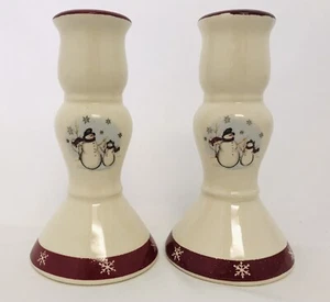 Set of 2 Candlestick Holders By Royal Seasons RN1 Stoneware Snowman - Picture 1 of 5