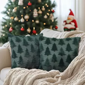 Christmas Tree Pillow Covers 18X18 Inch Set of 2, Xmas Winter Soft Plush Faux Fu - Picture 1 of 12