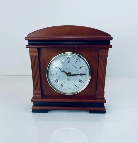 BULOVA Vintage #B1838, Rosewood/Black Trim Mantel Quartz Clock w/ Chime Cover