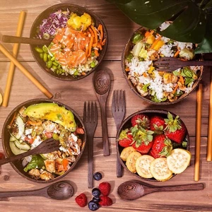 4-PCS SET Coconut Bowls with Utensils & Accessories    NEW - Picture 1 of 9