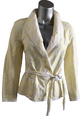Rena Lange Women's Jacket Size 4 34 Yellow White Textured Cotton Belted Blazer - Image 1 of 4