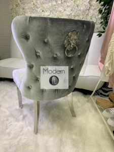 4 Silver Grey Velvet luxury dining chair with stud button back and lion knocker - Picture 1 of 4