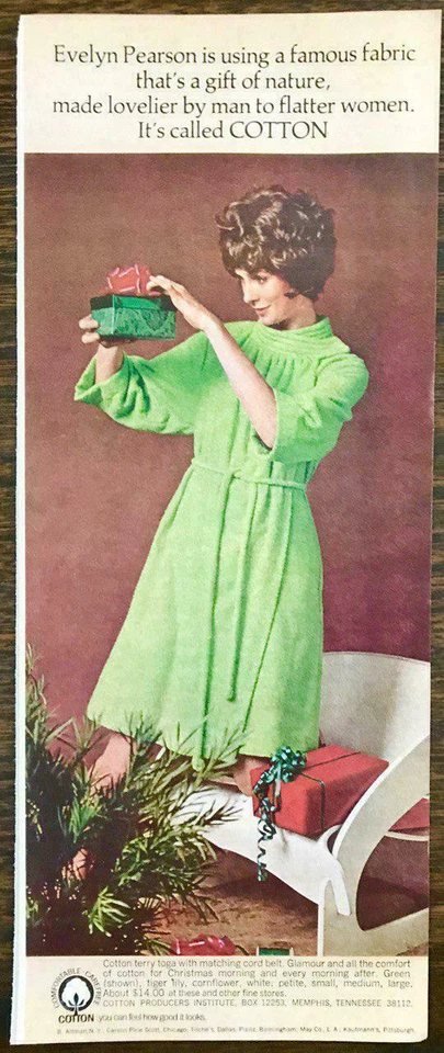 1968 Cotton Producers Institute Anuncio impreso de Navidad Mujer Terry Verde Toga Regalos Foto 1 de 1