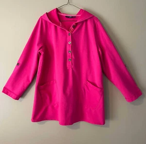 Susan Graver Long Roll up Sleeve Pink Hoodie Weekender Jacket w/ Pockets Sz LG - Picture 1 of 5
