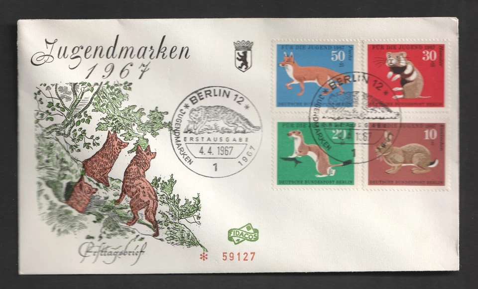 Alemania Berlín 1967 Animales Bienestar Infantil Fidacos FDC. Zorro hámster armiño conejo Foto 1 de 1