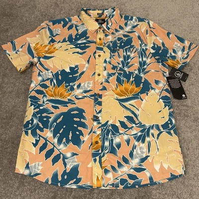 Volcom Shirt Mens Large Leaf Pit Floral SS Salmon Blue Button Up Hawaiian NEW - Image 1 of 4