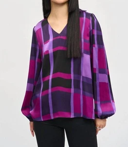 Joseph Ribkoff kariertes Satin-Top mit Puffärmeln lila/schwarz - Bild 1 von 11
