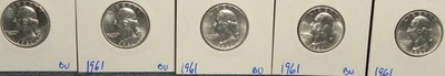 1961-P WASHINGTON SILVER QUARTERS 90% SILVER LOT OF 5-90% SILVER BU COINS - Image 1 of 4