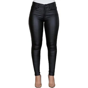 Einfarbige PU-Lederhose für Damen High Waist Button Coated FußHose 2927 - Bild 1 von 4