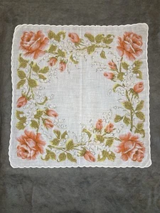 Vintage Blumen Rosen Taschentuch Koralle Grün Weiß 13,5” X 13,5” Taschentuch - Bild 1 von 7