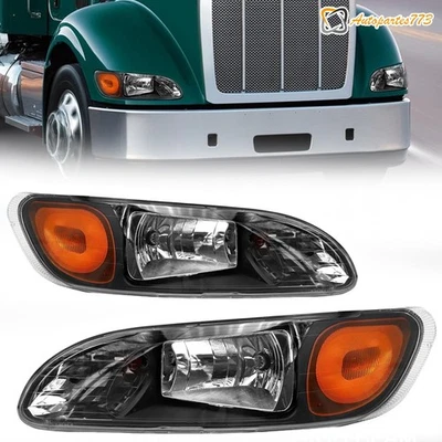 2008-2013 For Peterbilt 325/384/386 Truck Black Headlights Headlamps Pair LH+RH - Image 1 of 4