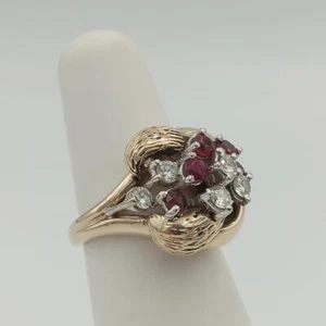 Designer HL Mfg 14K Yellow Gold Round Diamond & Ruby Knot Cocktail Ring Size 4.5 - Picture 1 of 12