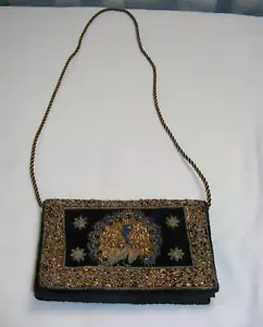 Vintage Black & Gold Velvet Purse Handbag Embroidery Peacock Shoulder Cord Strap - Picture 1 of 8
