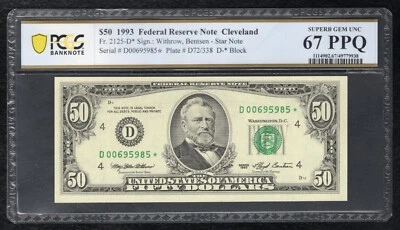 FR 2125-D* 1993 $50 *STAR* FRN CLEVELAND, OH PCGS BANKNOTE GEM UNC-67PPQ - Image 1 of 2