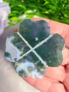 2" 58g Lucky Green Moss Agate Four Leaf Clover Crystal Carving Luck Of The Irish - Picture 1 of 10