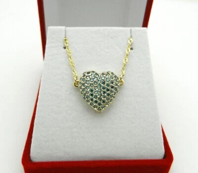 Hermoso Impresionante Collar Colgante Corazón Puff Diamante Azul Oro Amarillo 14k Foto 1 de 4