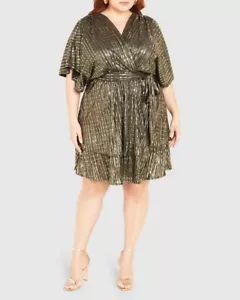 City Chic GOLD sequin Frida Belted faux wrap short sleeve DRESS M 18 NEW - Picture 1 of 3