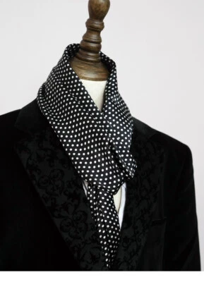 Mens 100 Silk Scarf Vintage Polka Dot Double Layer Long Neckerchief Black Blue - Image 1 of 4