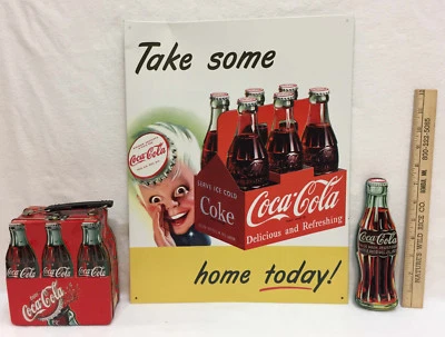 Coca Cola Metal Sign Tin Lunchbox Container Pen Coke Bottle Shape Lot 3  - Image 1 of 4