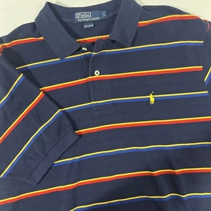 Polo Ralph Lauren Polo Shirt Adult Mens Size Large Navy Blue Red Yellow Striped - Picture 1 of 7