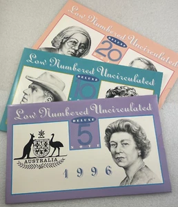 1996 Australia Low Numbered Uncirculated Deluxe $5, $10 & $20 Folders - Picture 1 of 7