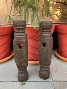 1800’s Antique Old Wooden Hand Carved Bed Leg Made Candle Stand Pair - Picture 1 of 10
