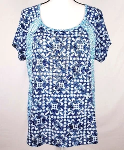 Onque Women's Shirt XL Blue Short Sleeve Rhinestones Bling Geo Print Pullover - Picture 1 of 12