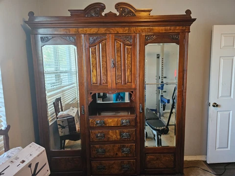 Antique Rosewood Victorian Mirrored Wardrobe Armoire with Dresser Cover
