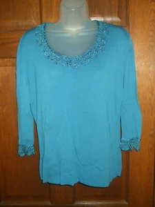 Sara & Lily Teal Blue Crochet Lace Trim Neck & Sleeves Knit Top - Size XL - Picture 1 of 1