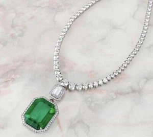 925 Sterling Silver Necklace Cubic Zirconia Jewelry Tennis Green Emerald Halo - Picture 1 of 1
